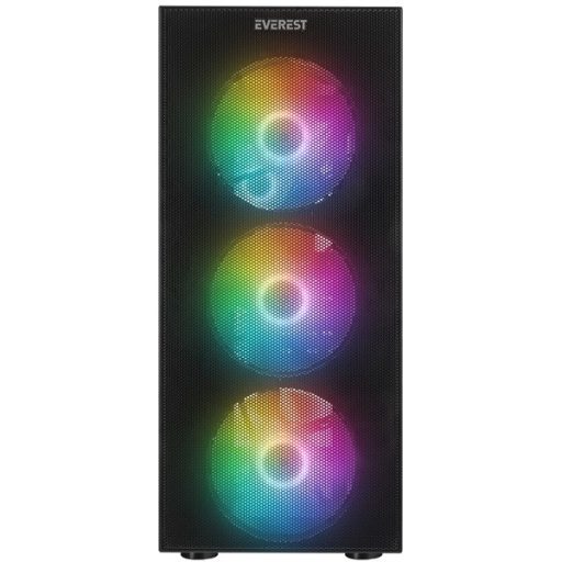 Everest Számítógépház - FACED V1 (fekete; üveg; ATX; alsó táp; 4x120mm LED; 1xUSB3.0 + 2xUSB2.0)