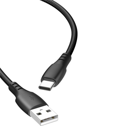 Szövet borítású Type-C adatkábel,2m, Fekete