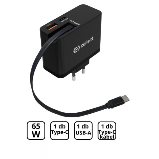 65W hálózati töltő beépített kábellel, Fekete
