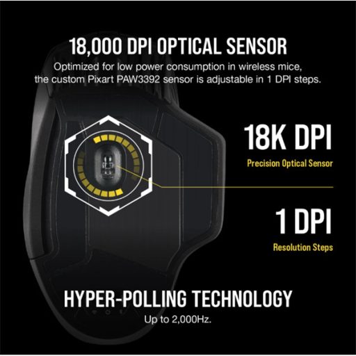 CORSAIR Vezetékes/Vezeték Nélküli Egér Gaming, DARK CORE RGB PRO, 8 programozható gomb, RGB, 18000dpi, fekete