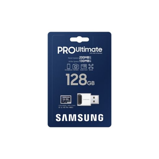 SAMSUNG Memóriakártya, PRO Ultimate microSD with Reader 128GB, Class 10, V30, A2, Grade 3 (U3), R200/W130, +Adapter