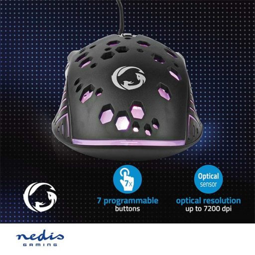 Nedis GMWD410BK gamer egér, 800 / 1200 / 2400 / 3200 / 4800 / 7200 dpi  | Gombok száma: 7 | Programozható gombok, RGB