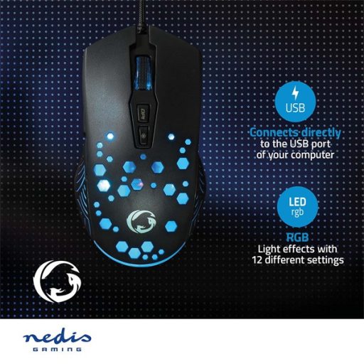 Nedis GMWD410BK gamer egér, 800 / 1200 / 2400 / 3200 / 4800 / 7200 dpi  | Gombok száma: 7 | Programozható gombok, RGB