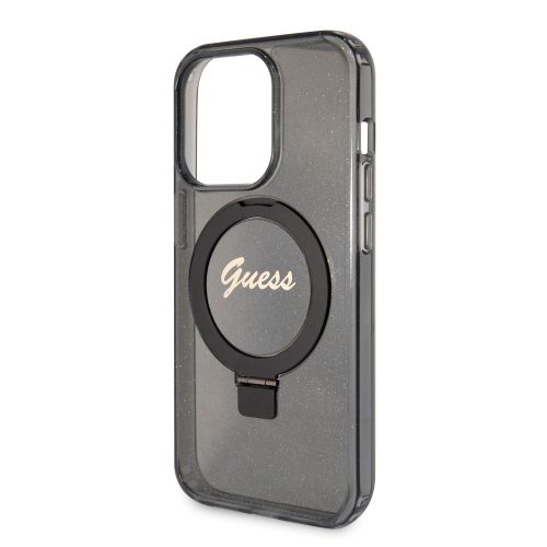 Guess Apple iPhone 15 Pro (6.1) IML Ring Stand Glitter MagSafe hátlapvédő tok fekete (GUHMP15LHRSGSK)