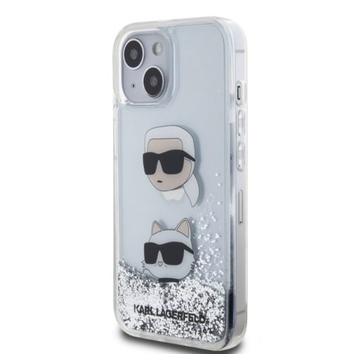 Karl Lagerfeld Liquid Glitter Karl and Choupette Apple iPhone 15 Pro (6.1) hátlapvédő tok ezüst (KLHCP15LLDHKCNS)