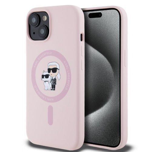 Karl Lagerfeld Liquid Silicone Karl and Choupette Apple iPhone 15 (6.1) MagSafe hátlapvédő tok pink (KLHMP15SSCMKCRHP)