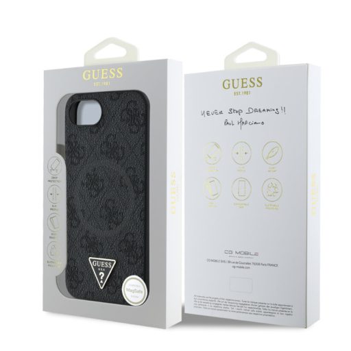 Guess Apple iPhone 16e (6.1) PU 4G Strass Triangle Metal Logo Magsafe hátlapvédő tok fekete (GUHMPSE4P4TDPK)
