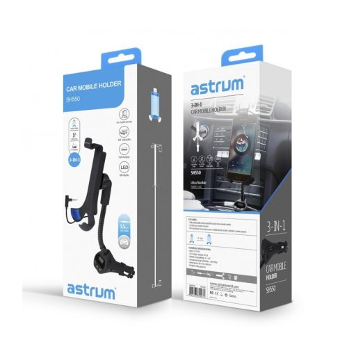 Astrum SH550 3in1 univerzális szivargyújtós autós tartó/töltő/FM transzmitter/kihangosító 4"-6,3" 1XUSB 1A 5W