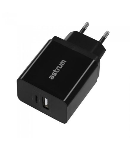 Astrum CH260 fekete hálózati töltőfej 1X USB-C, 1X USB, 2,4A total output, Smart IC 12W