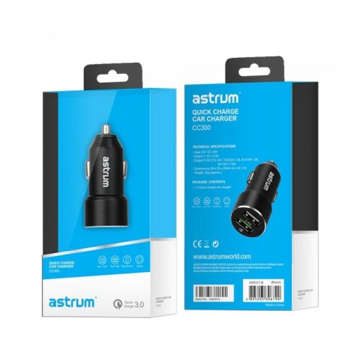 Astrum CC300 prémium fémházas gyorstöltő (Quick Charge 3.0) autós töltő 2X USB, (USB 2.4A 12W + USB QC 3.0 18W)