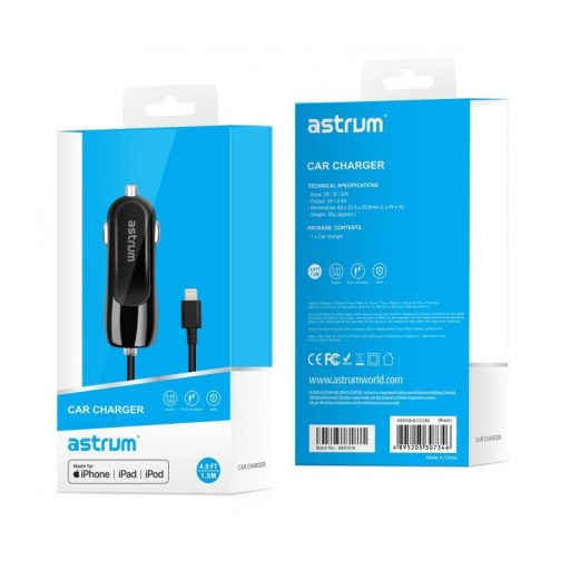 Astrum CC390 iPhone/iPad lightning 8 pin MFI engedélyes autós töltő spirál kábellel 2,4A fehér 12W