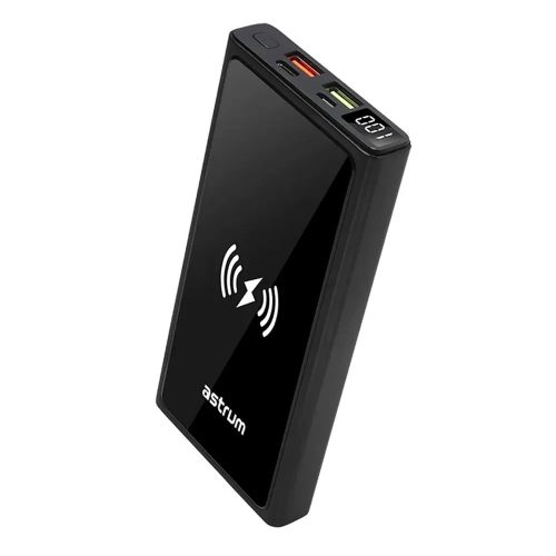 Astrum PB640 10000mAh fekete gyorstöltő PD 3.0, QC 4.0 power bank vezeték nélküli töltéssel, 2X USB-A (2.4A), 1X Type-C (22,5W), li-polymer cellákkal