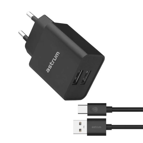 Astrum Pro Dual U24 hálózati töltő 2X USB, 10W, Type-C adatkábellel, fekete