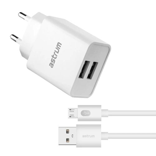 Astrum Pro Dual U24 hálózati töltő 2X USB, 10W, micro USB adatkábellel, fehér