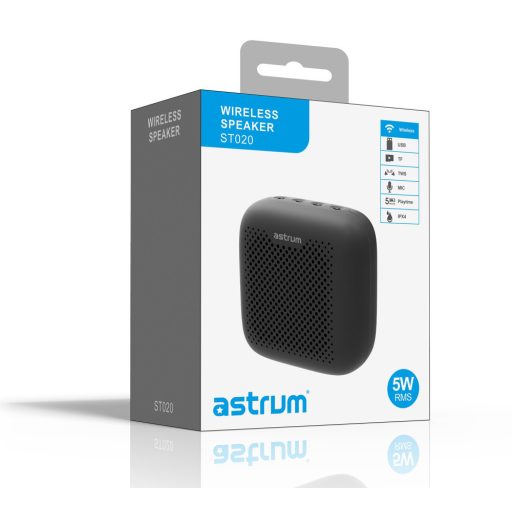 Astrum ST020 fekete hordozható bluetooth hangszóró, mikrofon, vízálló IPX5, 5W
