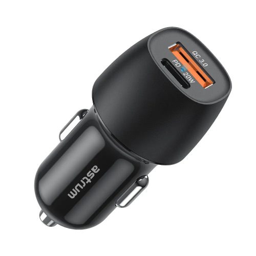 Astrum PRO GO PD20 autós szivar gyorstöltő 1X USB (18W), 1X Type-C (20W) csatlakozóval fekete