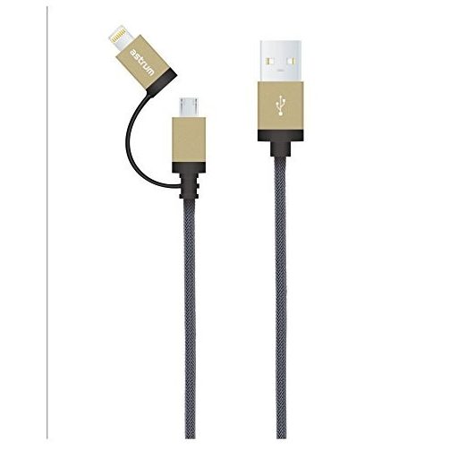Astrum Apple USB - Lightning (8Pin) iPhone 1,2M fémhálós strapabíró adatkábel micro usb átalakítóval MFI engedéllyel arany