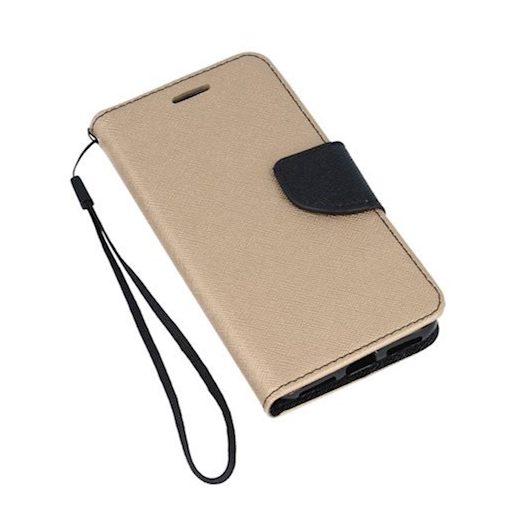 Fancy Apple iPhone 15 Plus (6.7) oldalra nyíló mágneses könyv tok szilikon belsővel arany - fekete