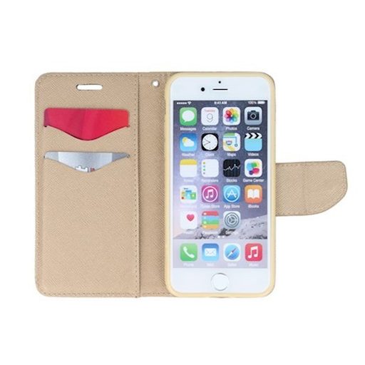 Fancy Apple iPhone 13 Pro (6.1) oldalra nyíló mágneses könyv tok szilikon belsővel fekete - arany