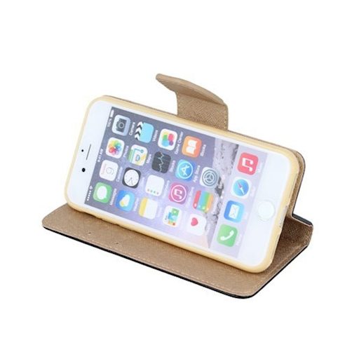 Fancy Apple iPhone 13 Mini (5.4) oldalra nyíló mágneses könyv tok szilikon belsővel fekete - arany