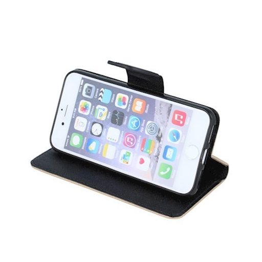 Fancy Apple iPhone 14 (6.1) oldalra nyíló mágneses könyv tok szilikon belsővel arany - fekete