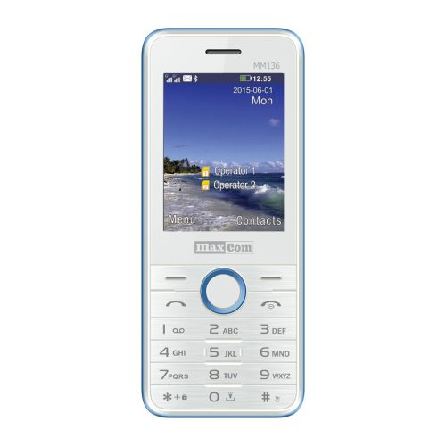 Maxcom MM136 mobiltelefon, dual sim-es kártyafüggetlen, bluetooth-os, fm rádiós fehér-kék (magyar nyelvű menüvel)