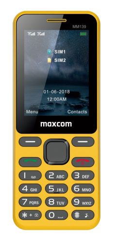 Maxcom MM139 mobiltelefon, dual sim-es kártyafüggetlen, bluetooth-os, fm rádiós sárga (magyar nyelvű menüvel)