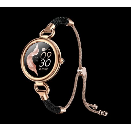 Maxcom FW51 Crystal fekete - arany IP68 vízálló női okosóra pulzus és vérnyomásmérővel olaj / parfümös üvegcsével