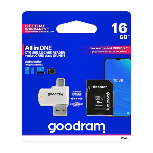 Goodram microSDHC 16GB Class 10 memóriakártya SD adapterrel, Micro USB / USB OTG kártyaolvasóval és Artisjus matricával - M1A4-0160R12