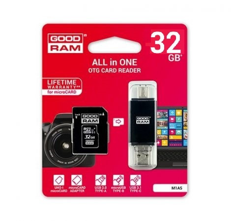 Goodram microSDHC 32GB Class 10 memóriakártya SD adapterrel, Type - C / Micro USB / USB OTG kártyaolvasóval és Artisjus matricával - M1A5-0320R11 