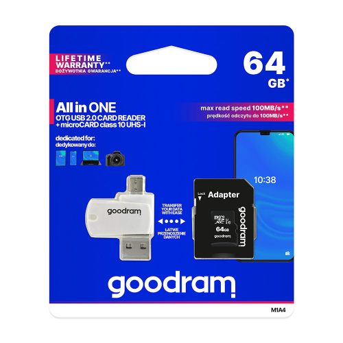 Goodram microSDHC 64GB Class 10 memóriakártya SD adapterrel, Micro USB / USB OTG kártyaolvasóval és Artisjus matricával - M1A4-0640R12