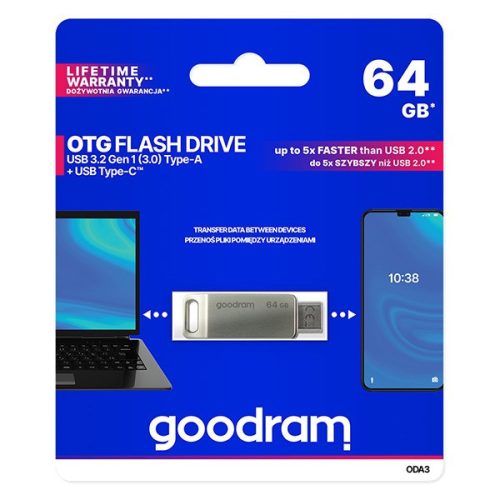 Goodram 64GB (USB-A 3.2, Type-C) ezüst pendrive Artisjus matricával - ODA3-0640S0R11 