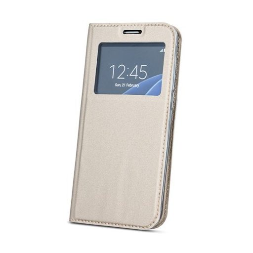 Smart Look Huawei Y7 Prime (2018) oldalra nyíló bőrhatású ablakos könyv tok szilikon belsővel arany