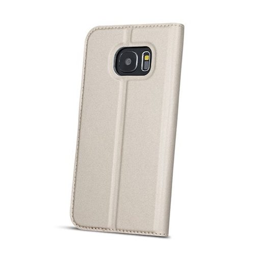 Smart Look Huawei Y7 Prime (2018) oldalra nyíló bőrhatású ablakos könyv tok szilikon belsővel arany