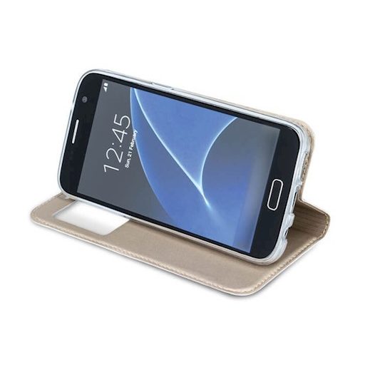 Smart Look Huawei Y7 Prime (2018) oldalra nyíló bőrhatású ablakos könyv tok szilikon belsővel arany