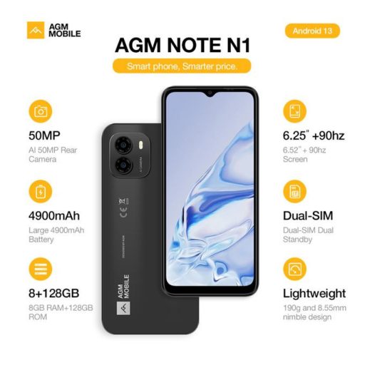 AGM Note N1 8+128GB érintős mobiltelefon, kártyafüggetlen, Dual Sim, szürke, 6.52 inch