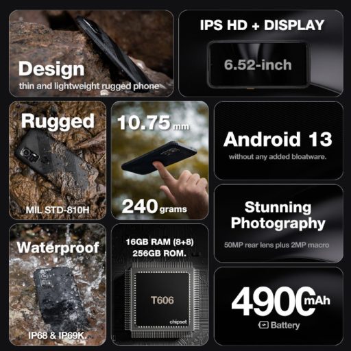 AGM H6 Lite ütés- és vízálló 4+128GB IP68 érintős mobiltelefon, kártyafüggetlen, Dual Sim, fekete, 6,56 inch