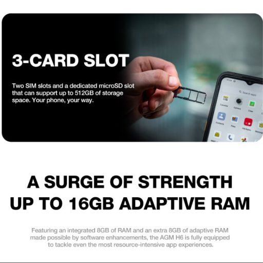 AGM H6 Lite ütés- és vízálló 4+128GB IP68 érintős mobiltelefon, kártyafüggetlen, Dual Sim, fekete, 6,56 inch