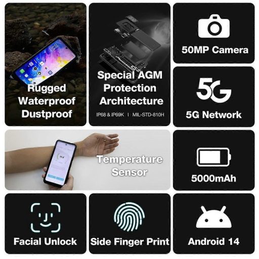 AGM X6 5G ütés- és vízálló 8+128GB IP69K hőkamerás mobiltelefon, kártyafüggetlen, Dual Sim, 6,78 inch