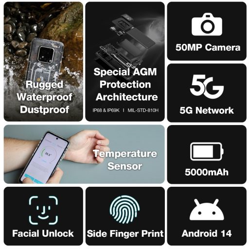 AGM X6 Phantom 5G ütés- és vízálló 8+128GB IP69K hőkamerás mobiltelefon, kártyafüggetlen, Dual Sim, áttetsző hátlappal, 6,78 inch