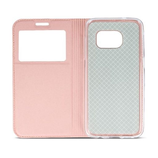 Smart Look Huawei Y7 Prime (2018) oldalra nyíló bőrhatású ablakos könyv tok szilikon belsővel rozéarany