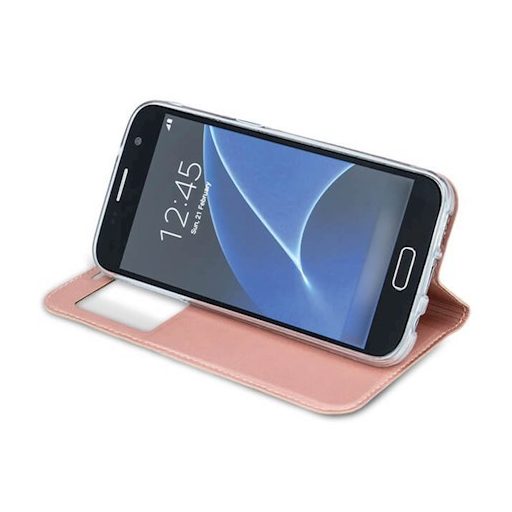 Smart Look Huawei Y7 Prime (2018) oldalra nyíló bőrhatású ablakos könyv tok szilikon belsővel rozéarany