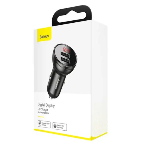 Baseus autós töltő kijelzővel, 2x USB, 4,8A, 24W (szürke)