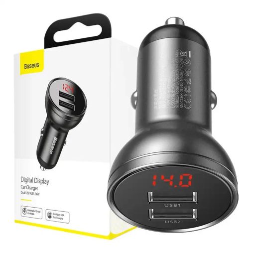 Baseus autós töltő kijelzővel, 2x USB, 4,8A, 24W (szürke)