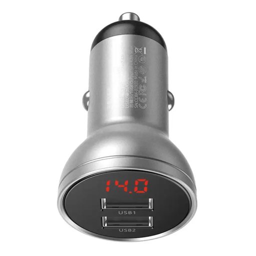 Baseus autós töltő kijelzővel, 2x USB, 4,8A, 24W (ezüst)