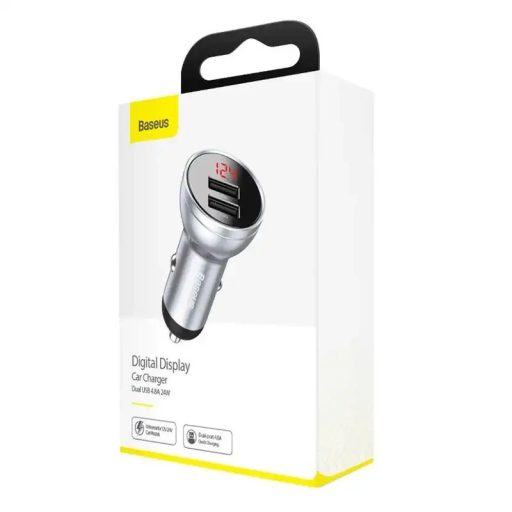 Baseus autós töltő kijelzővel, 2x USB, 4,8A, 24W (ezüst)