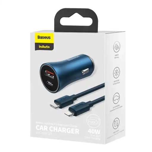 Baseus Golden Contactor Pro autós töltő, USB + USB-C, QC4.0 +, PD, SCP, 40 W (kék) + USB-C-Lightning kábel, 1 m (kék)