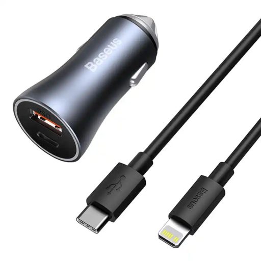 Baseus Golden Contactor Pro autós töltő, USB + USB-C, QC4.0+, PD, SCP, 40W (szürke) + USB-C és iP kábel 1m (fekete)