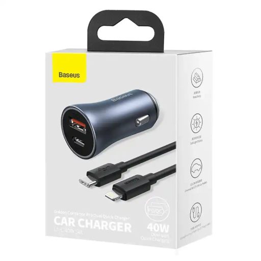 Baseus Golden Contactor Pro autós töltő, USB + USB-C, QC4.0+, PD, SCP, 40W (szürke) + USB-C és iP kábel 1m (fekete)