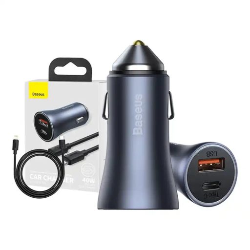 Baseus Golden Contactor Pro autós töltő, USB + USB-C, QC4.0+, PD, SCP, 40W (szürke) + USB-C és iP kábel 1m (fekete)